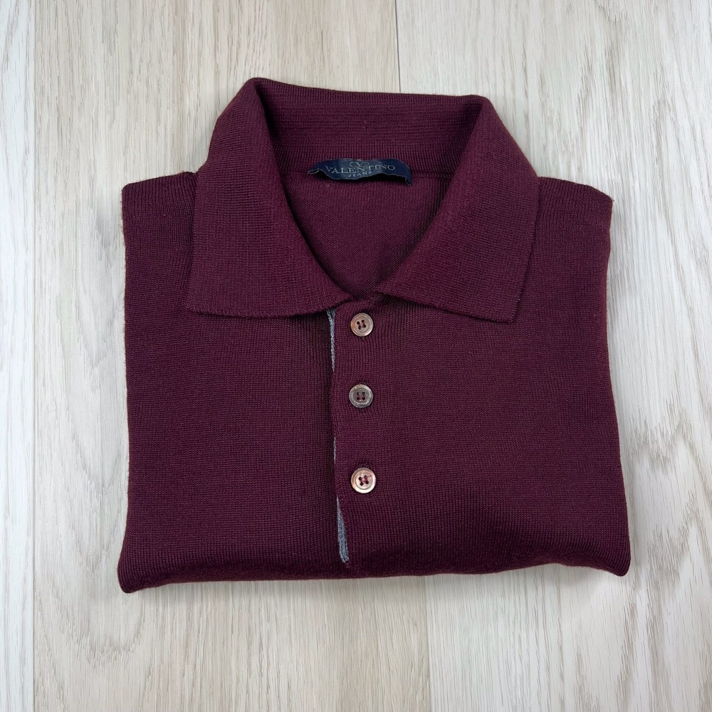 Valentino Jeans Virgin Wool Blend Polo Sweater Mens Size 60 Burgundy